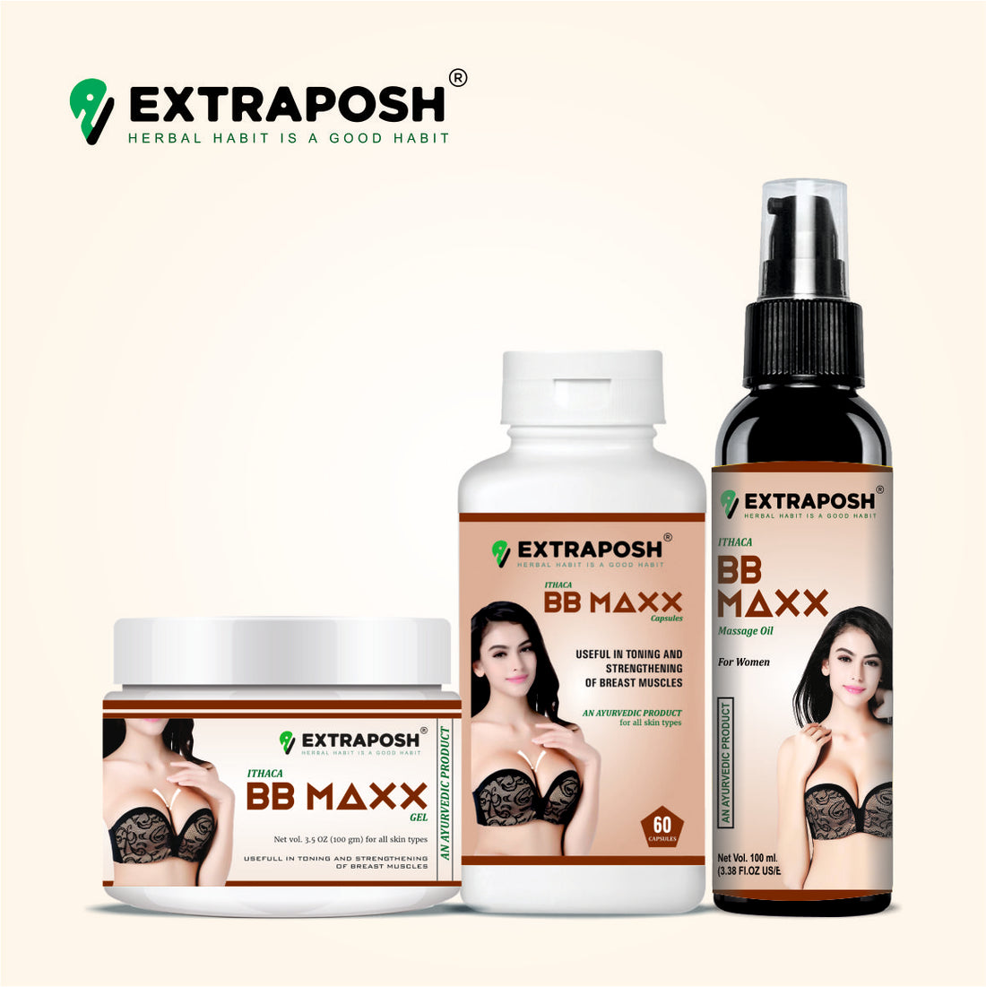 Extraposh BB Maxx Breast Enlargement massage Oil, Extraposh BB Maxx Breast Enlargement Capsule and BB Maxx  Gel Combo Kit