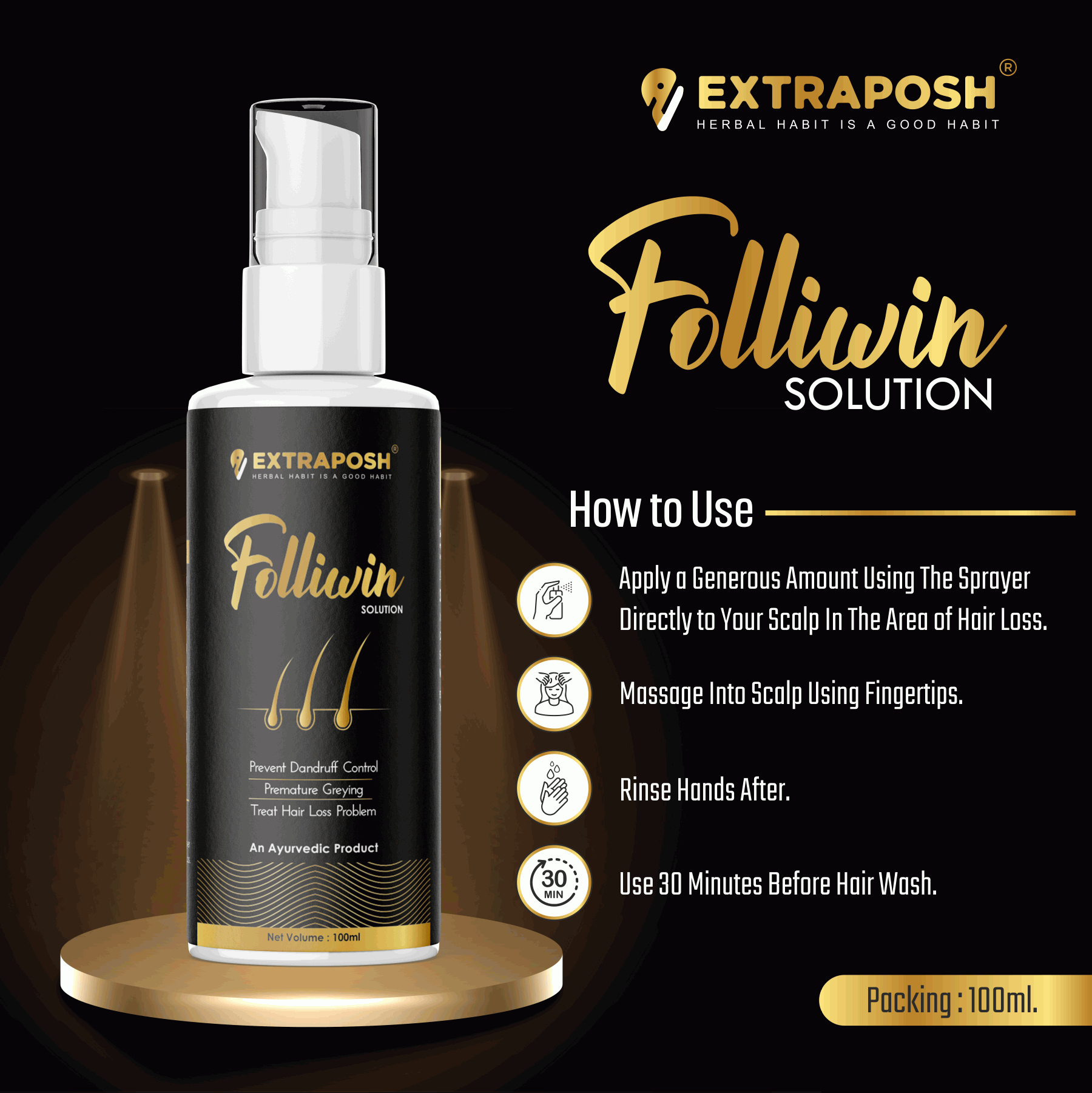 Scalp Cleanser Folliwion Solution is Apply a generous amount using the sprayer directly to your scalp in the area of hair loss and dandruff