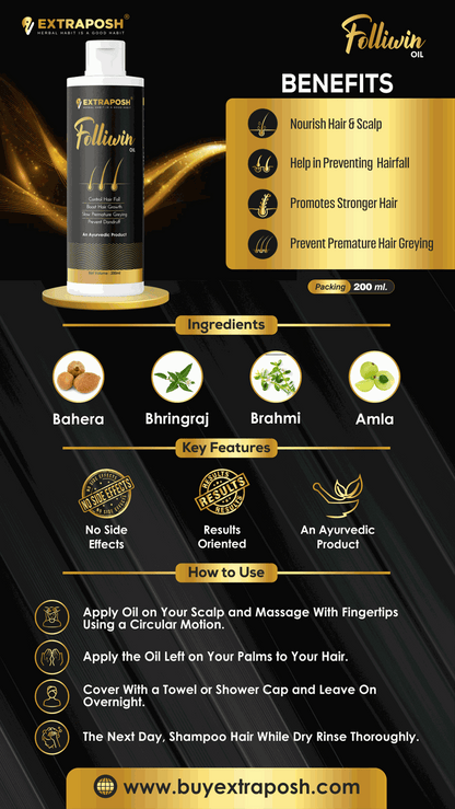 Extraposh Folliwin Oil is nourish hair & scalp control hair fall promotes strong hair prevent premature hair greying