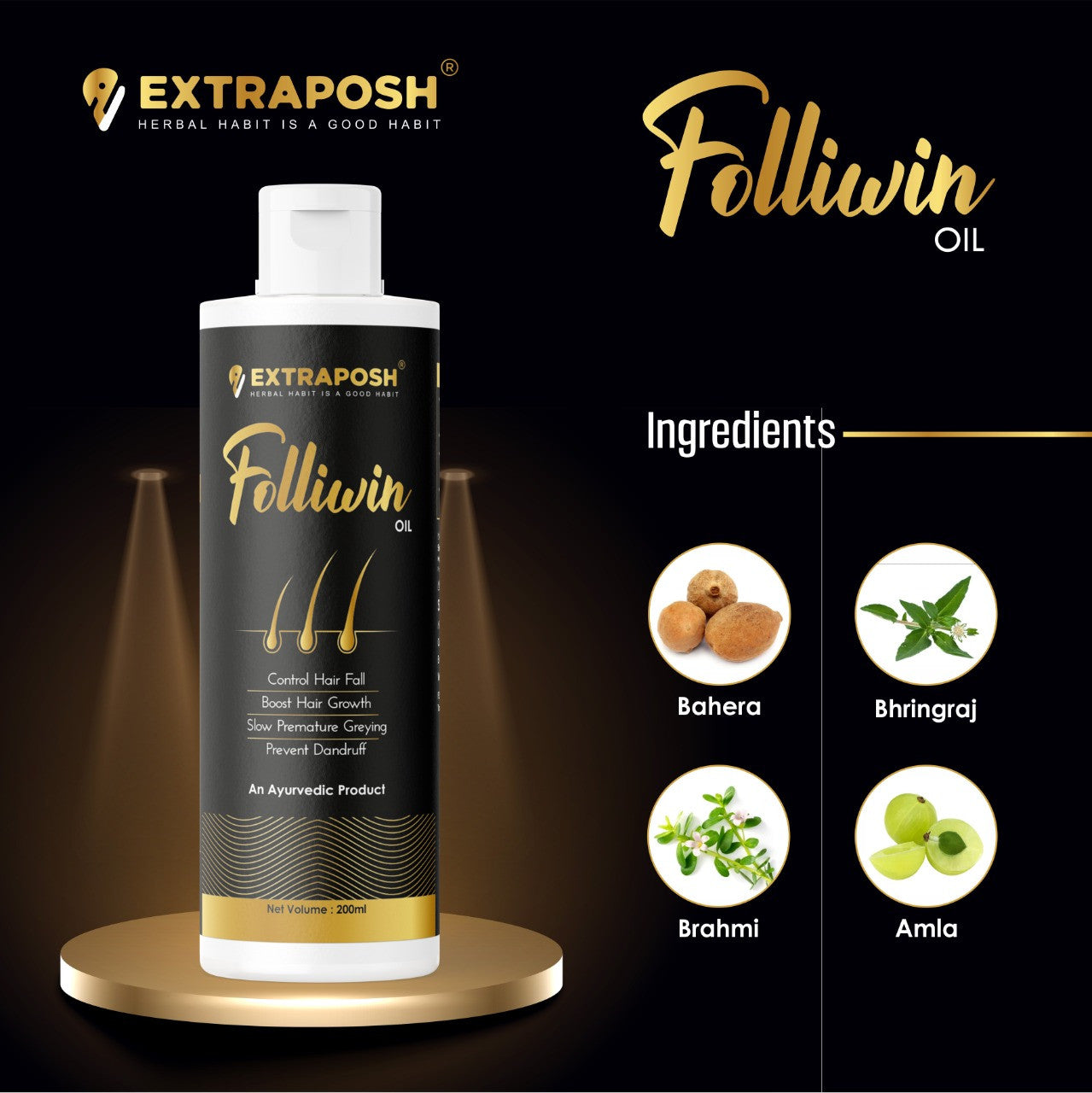 Folliwin Oil made by Natural Herbal Ingredients Extracts like Bahera Bhringraj Brahmi Amla