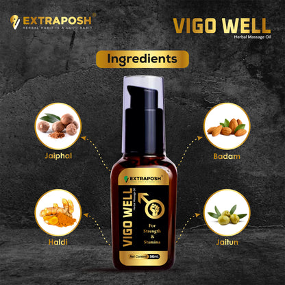 Vigo Well Oil is made by Ayurvedic herbs like Jaiphal Badam Haldi Jaitun